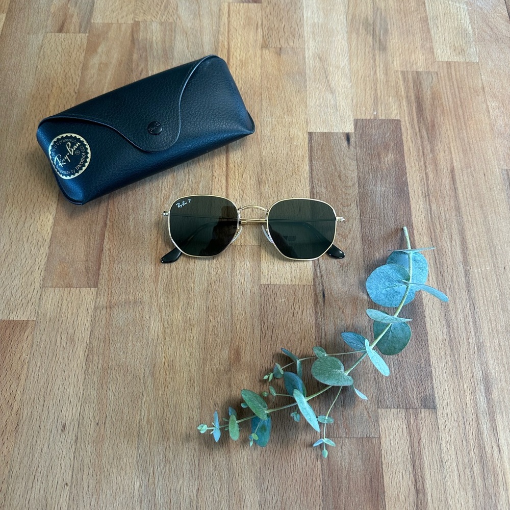 Ray-Ban Polerized Hexagonal Gold Frame Sunglasses with Black Lenses